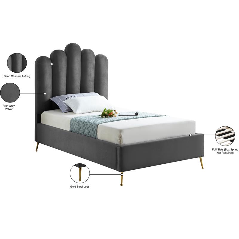 Meridian Furniture Lily Solid Wood and Tufted Velvet Twin Bed in Gray