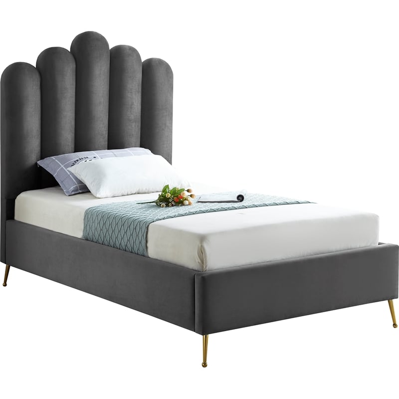 Meridian Furniture Lily Solid Wood and Tufted Velvet Twin Bed in Gray