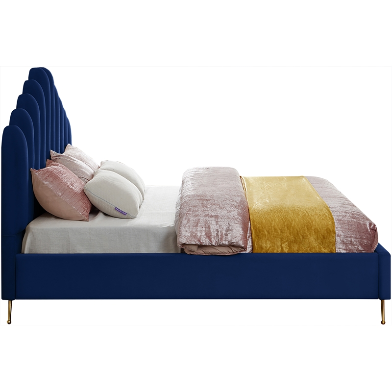 Meridian Furniture Lily Solid Wood and Tufted Velvet King Bed in Navy