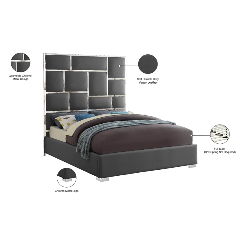 Meridian Furniture Milan Solid Wood and Vegan Leather Queen Bed in Gray