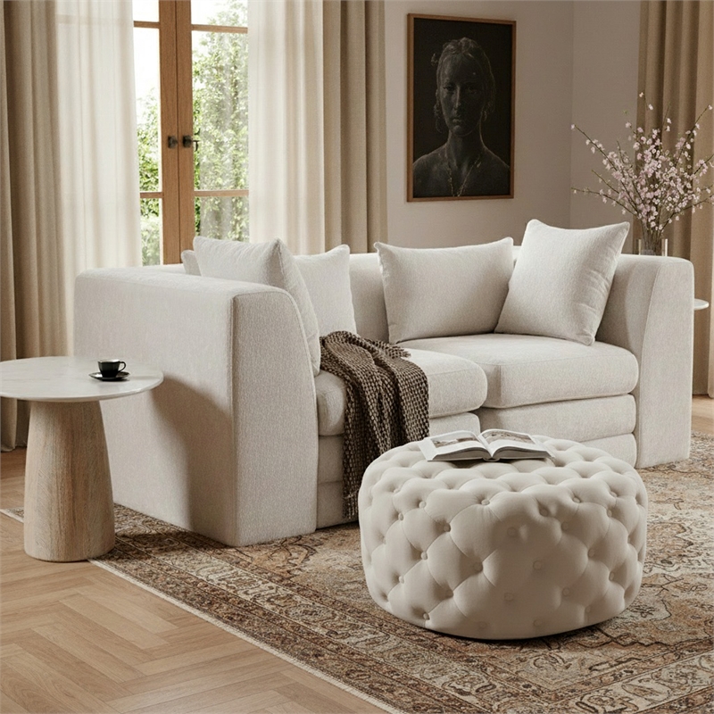 Meridian Furniture Addison Button Tufted Cream Velvet Ottoman and Bench