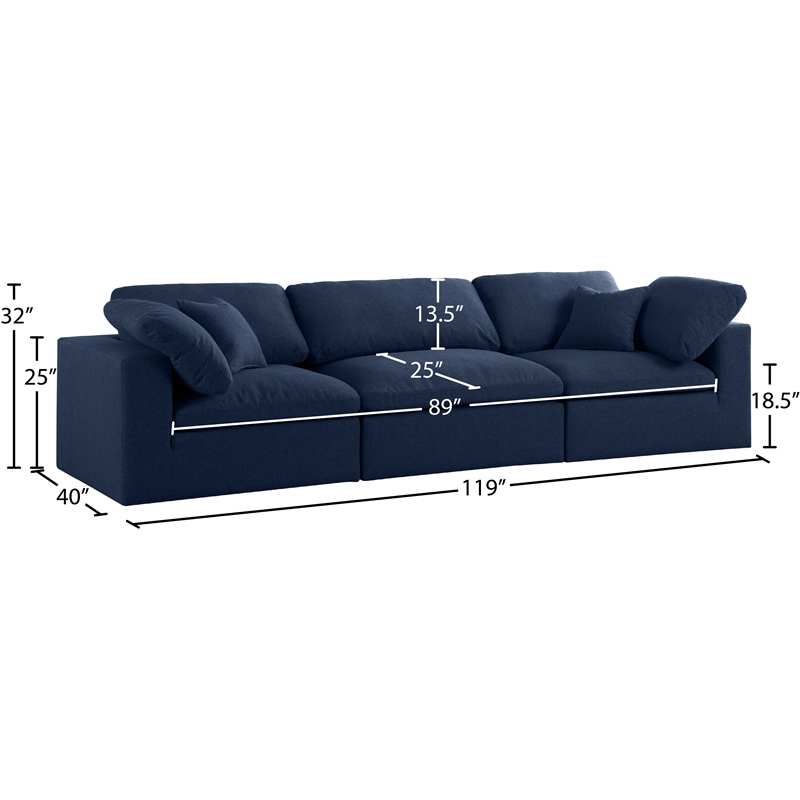 Meridian Furniture Serene Navy Durable Linen Fabric Deluxe Modular Sofa