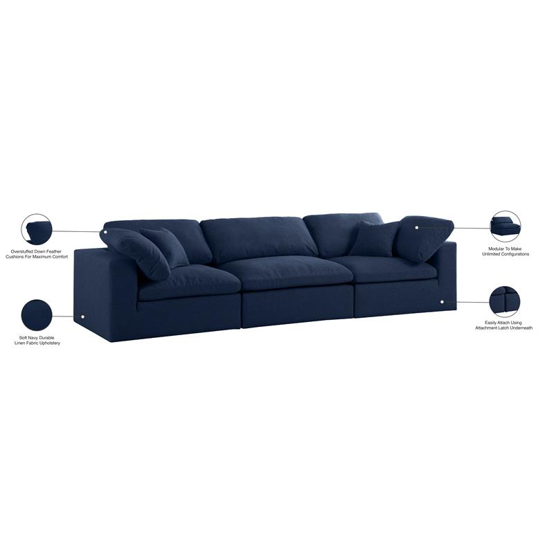 Meridian Furniture Serene Navy Durable Linen Fabric Deluxe Modular Sofa