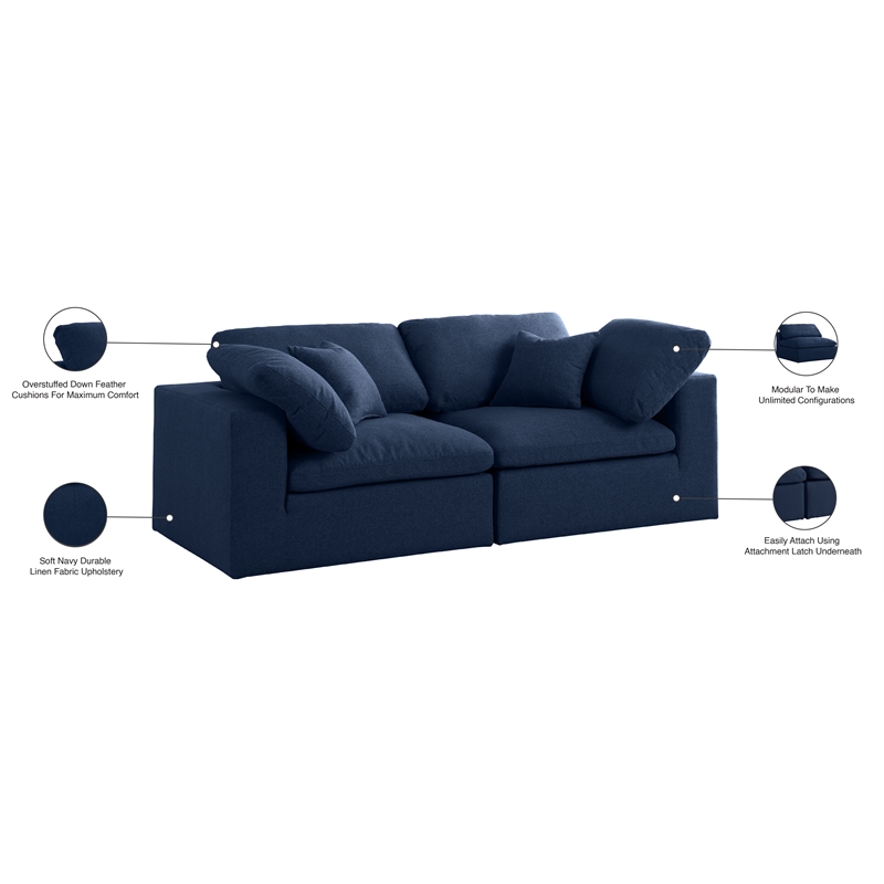 Meridian Furniture Serene Linen Fabric Deluxe Modular Sofa w/Pillows in Navy
