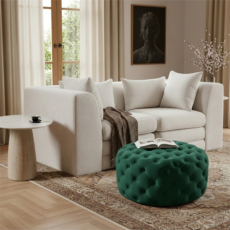 Meridian Furniture Addison Button Tufted Green Velvet Ottoman and Bench