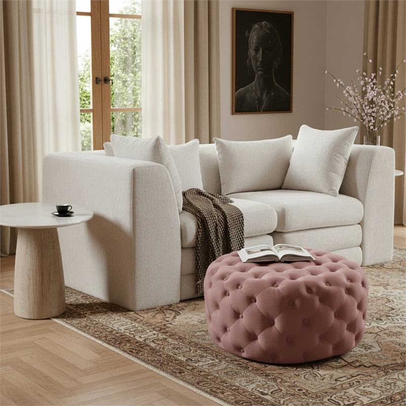 Meridian Furniture Addison Button Tufted Pink Velvet Ottoman and Bench