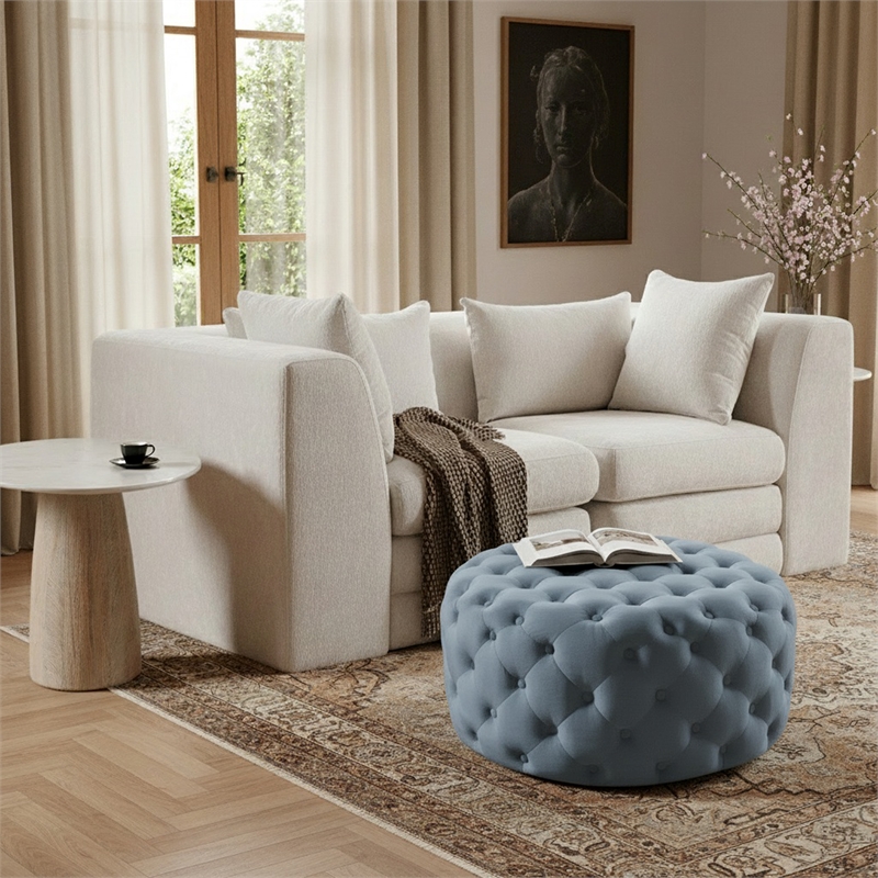 Meridian Furniture Addison Button Sky Blue Velvet Ottoman and Bench