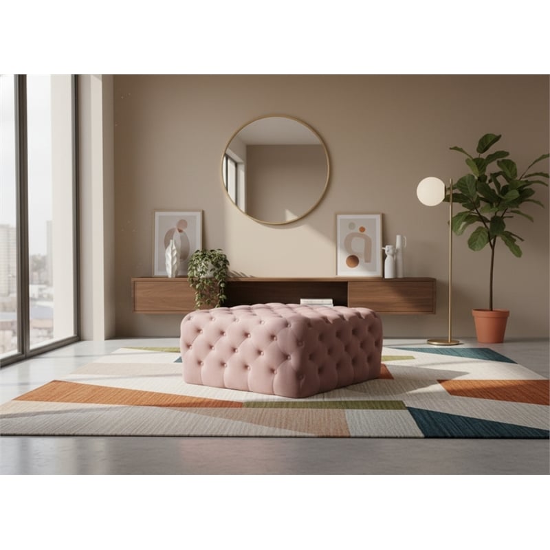 Meridian Furniture Ariel Button Tufted Pink Velvet Ottoman and Bench