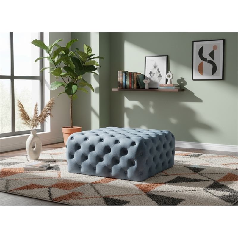 Meridian Furniture Ariel Button Sky Blue Velvet Ottoman and Bench