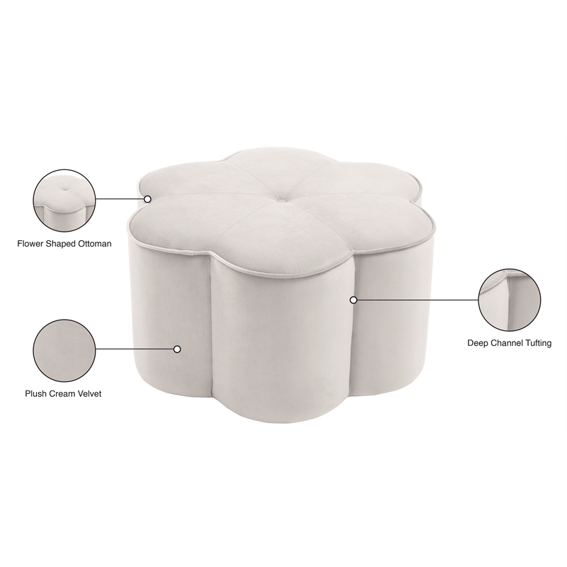 Meridian Furniture Daisy Flower Shaped Cream Velvet Ottoman