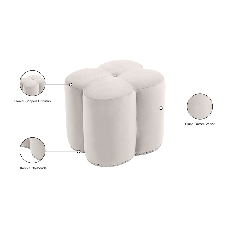 Meridian Furniture Clover Flower Shaped Cream Velvet Ottoman