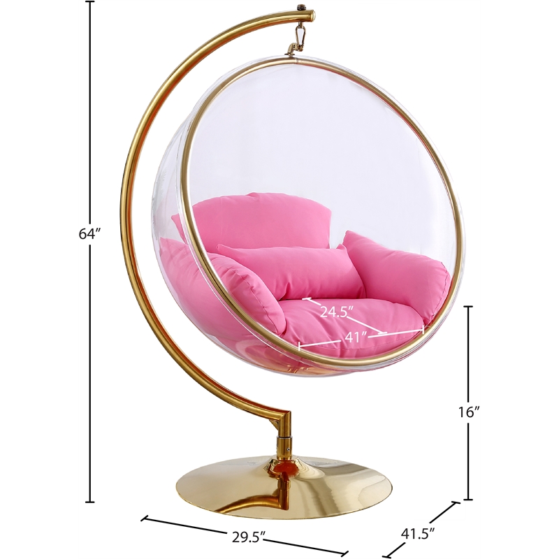 Meridian Furniture Luna Pink Fabric Acrylic and Metal Swing Bubble Accent Chair