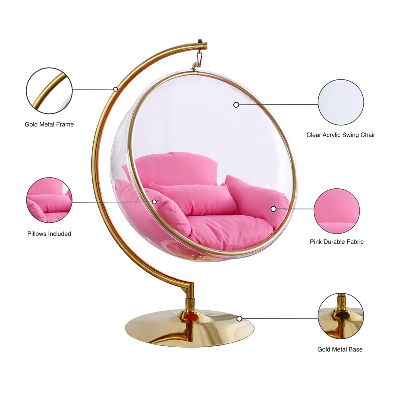 Meridian Furniture Luna Pink Fabric Acrylic and Metal Swing Bubble Accent Chair