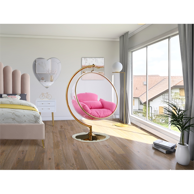 Meridian Furniture Luna Pink Fabric Acrylic and Metal Swing Bubble Accent Chair