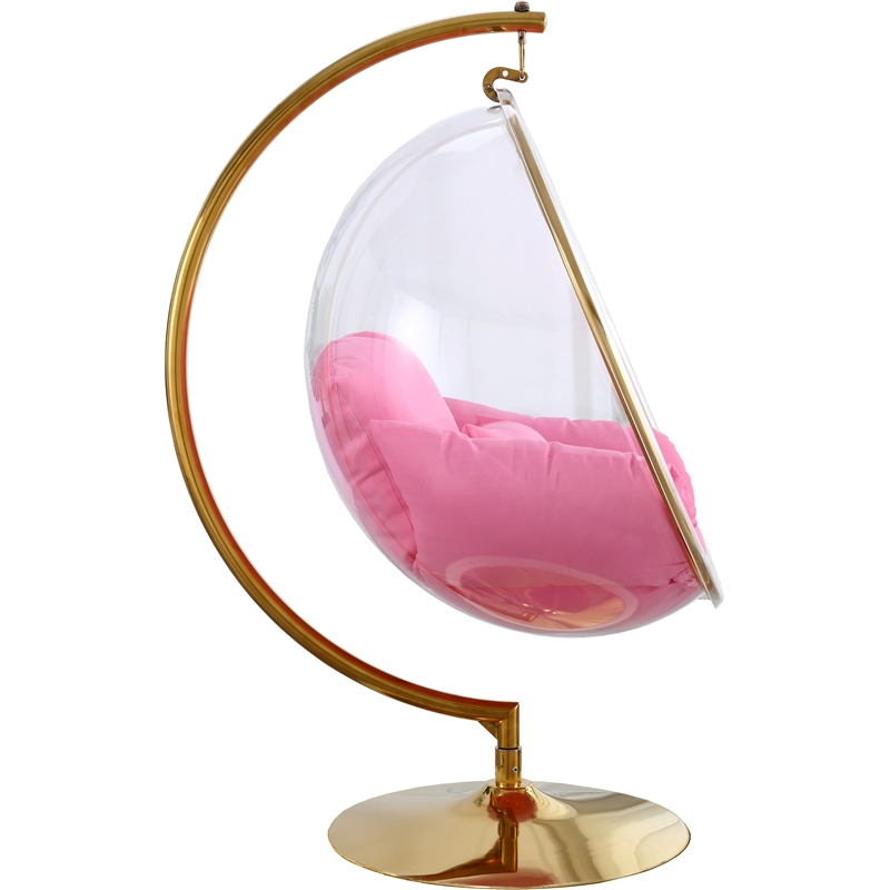Meridian Furniture Luna Pink Fabric Acrylic and Metal Swing Bubble Accent Chair