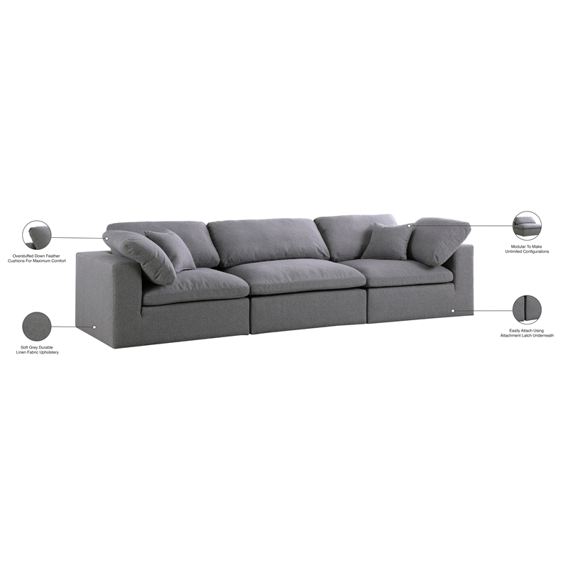 Meridian Furniture Serene Linen Fabric Deluxe Modular Sofa w/Pillows in Gray