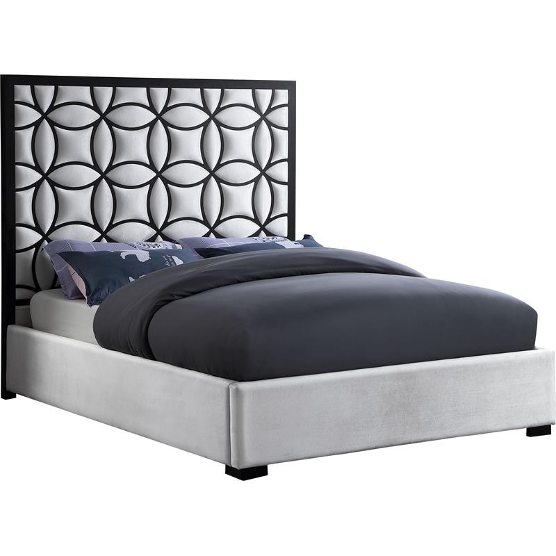 Meridian Furniture Taj White Velvet King Bed with Matte Black Steel Frame