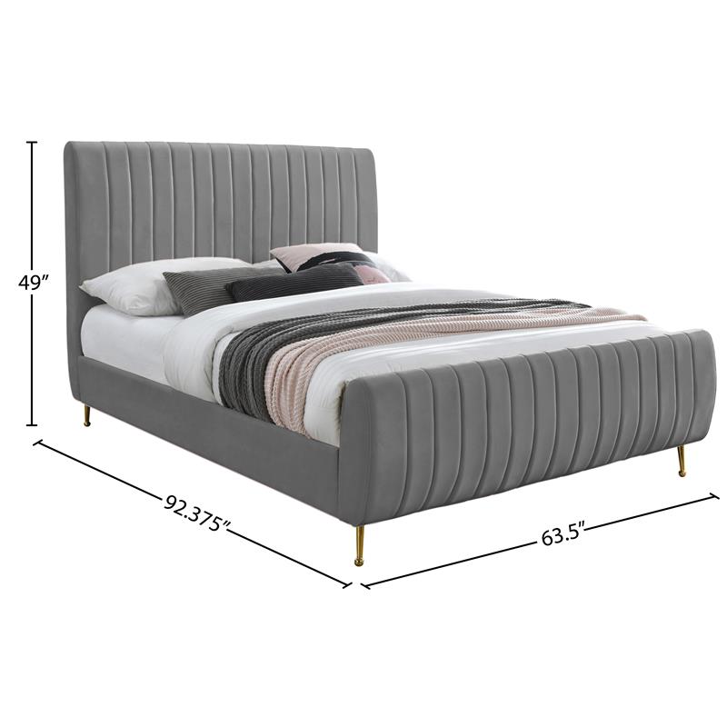 Meridian Furniture Zara Contemporary Gray Velvet Queen Bed