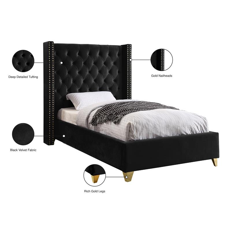Meridian Furniture Barolo Black Velvet Twin Bed