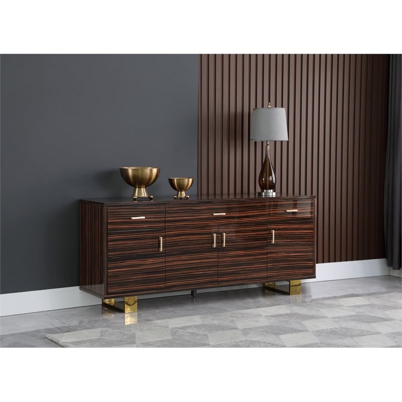 Meridian Furniture Excel Sideboard/Buffet in Rich Brown Zebra Wood Lacquer