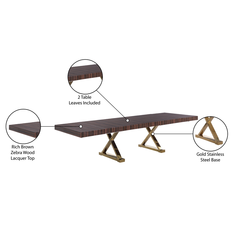Meridian Furniture Excel Zebra Wood Lacquer Top Extendable 2 Leaf Dining Table