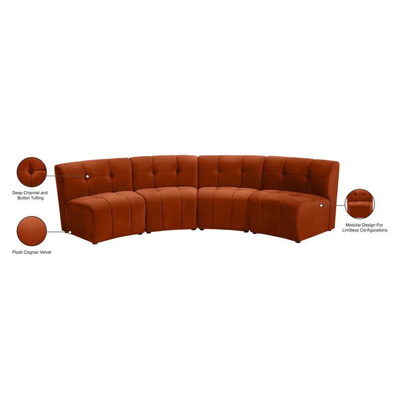 Meridian Furniture Limitless Cognac Velvet Modular 4 Piece Sectional