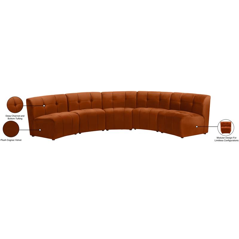 Meridian Furniture Limitless Cognac Velvet Modular 5 Piece Sectional