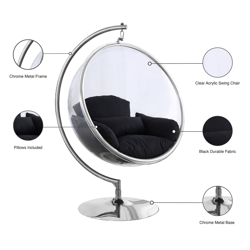 Meridian Furniture Luna Fabric Acrylic Swing Bubble Accent Chair in Black
