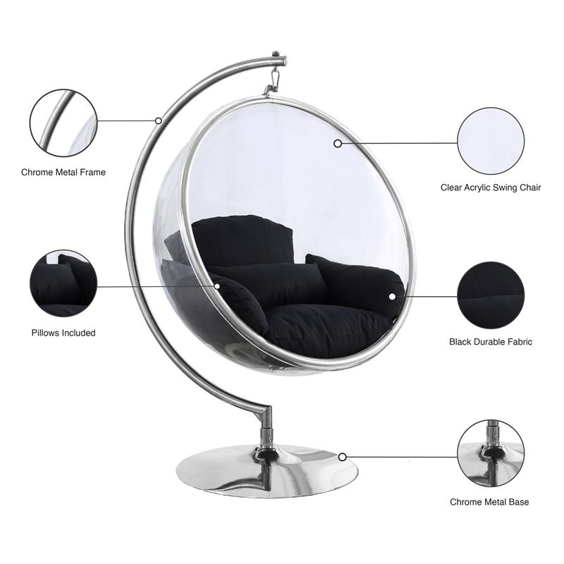 Meridian Furniture Luna Fabric Acrylic Swing Bubble Accent Chair in Black