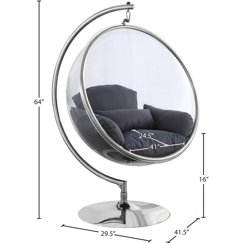 Meridian Furniture Luna Fabric / Metal Acrylic Swing Bubble Accent Chair in Gray