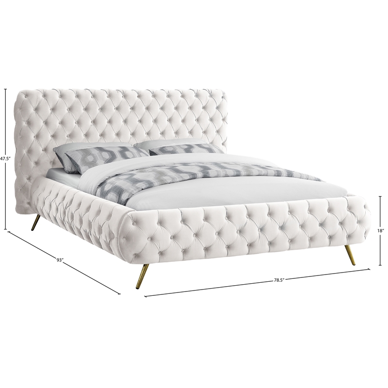 Meridian Furniture Delano Solid Wood Tufted Velvet Queen Bed in Cream