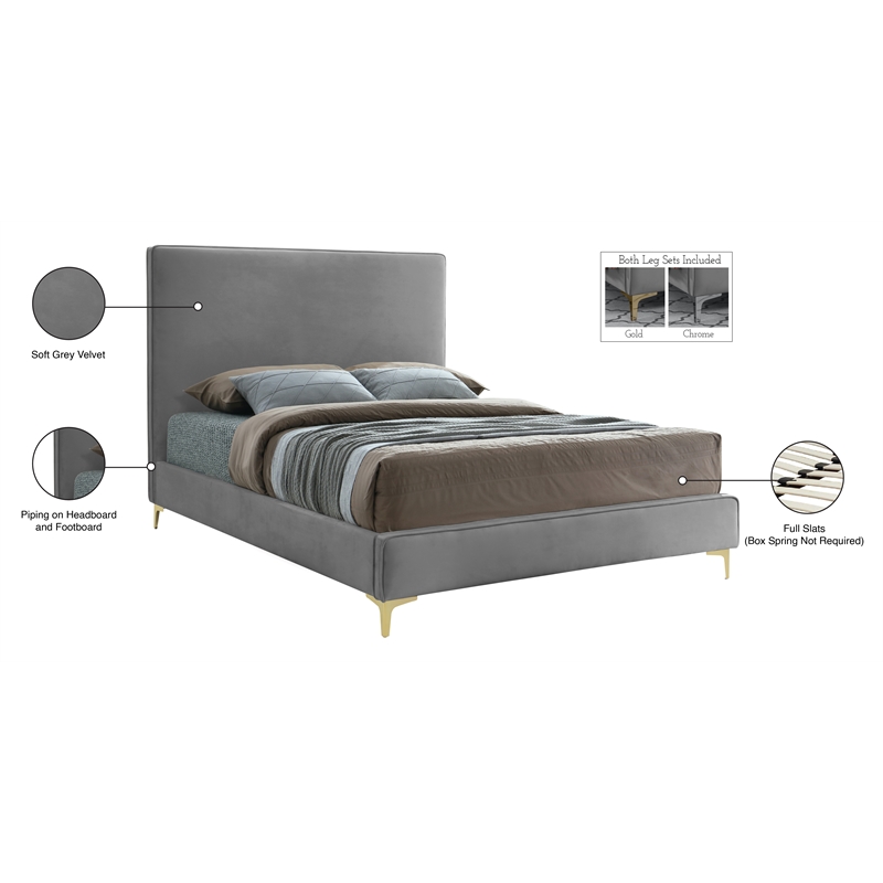 Meridian Furniture Geri Gray Velvet Full Bed with Gold and Chrome Legs Included