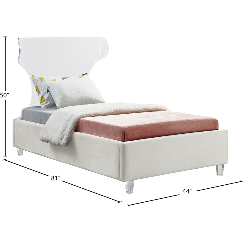 Meridian Furniture Ghost Cream Velvet Twin Bed with Acrylic Headboard and Legs