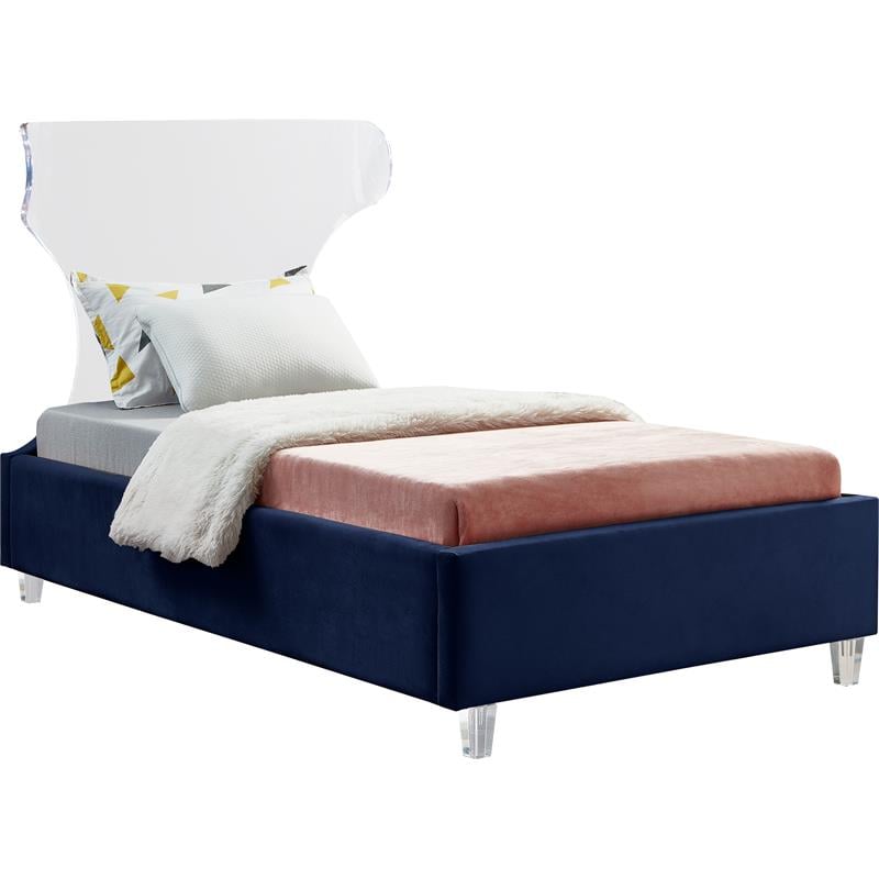 Meridian Furniture Ghost Navy Velvet Twin Bed with Acrylic Headboard and Legs