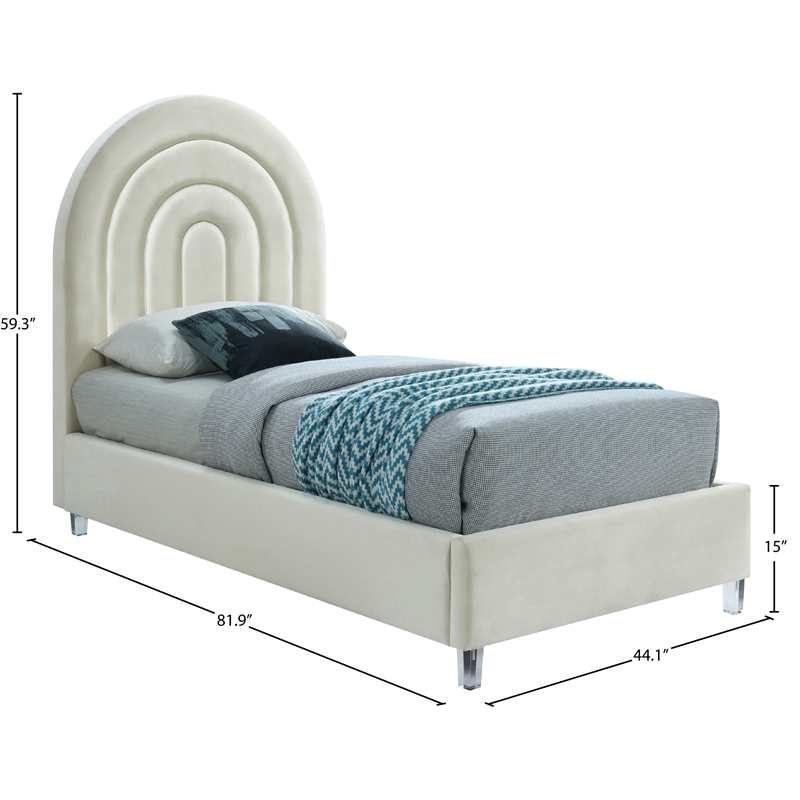 Meridian Furniture Rainbow Cream Velvet Twin Bed in Acrylic Finish