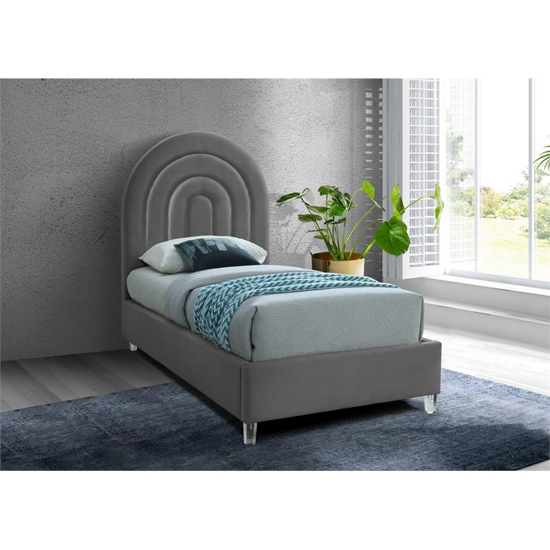Meridian Furniture Rainbow Gray Velvet Twin Bed in Acrylic Finish