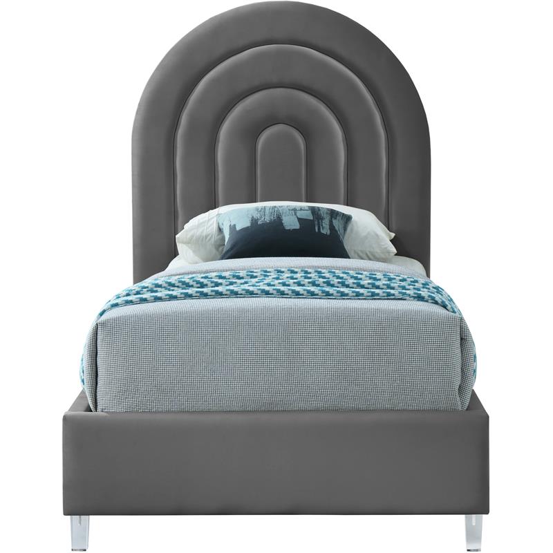 Meridian Furniture Rainbow Gray Velvet Twin Bed in Acrylic Finish