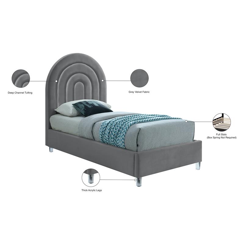 Meridian Furniture Rainbow Gray Velvet Twin Bed in Acrylic Finish