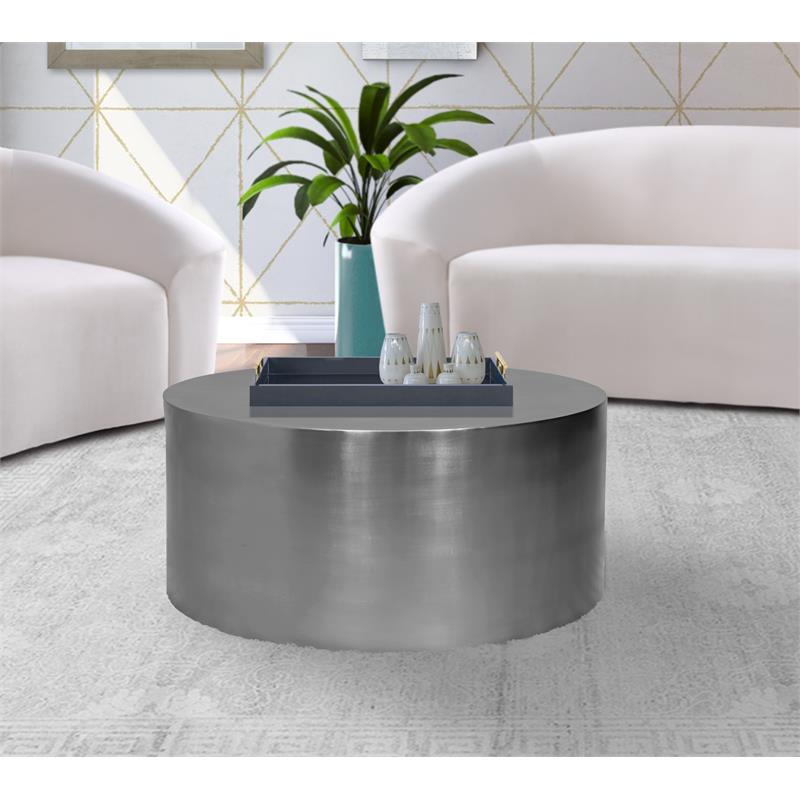Meridian Furniture Cylinder Round Brushed Chrome Metal Coffee Table