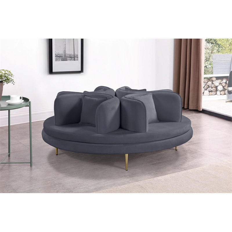 Meridian Furniture Circlet Gray Velvet Roundabout Sofa with Gold Iron Legs
