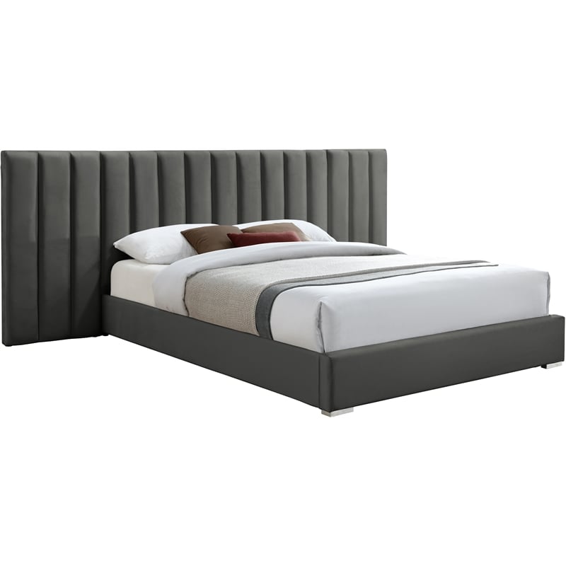 Meridian Furniture Pablo Gray Velvet Queen Bed with Chrome Metal Legs