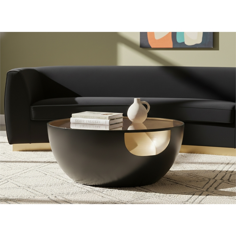 Meridian Furniture Doma Round Matte Black Metal Coffee Table with Glass Top
