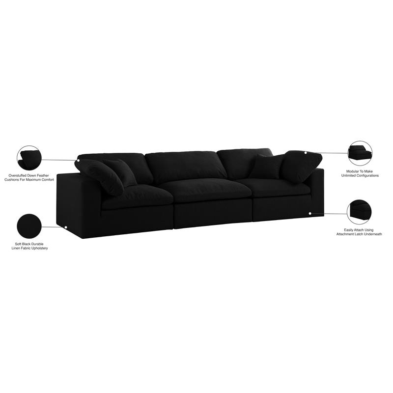Meridian Furniture Serene Black Linen Fabric Modular 3 Piece Sofa