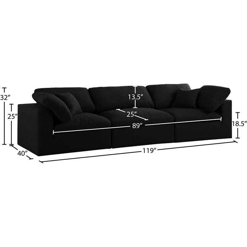 Meridian Furniture Serene Black Linen Fabric Modular 3 Piece Sofa