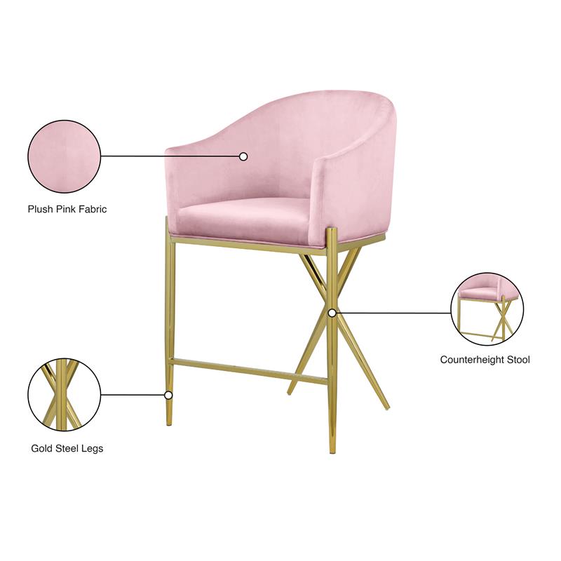 Meridian Furniture Xavier Pink Velvet Counter Stool with Gold Metal Legs
