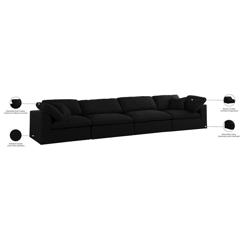 Meridian Furniture Serene Black Linen Fabric Modular 4 Piece Sofa