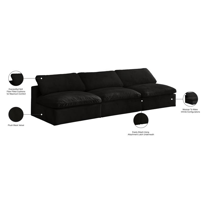 Meridian Furniture Cozy Black Velvet Modular 3 Piece Armless Sofa