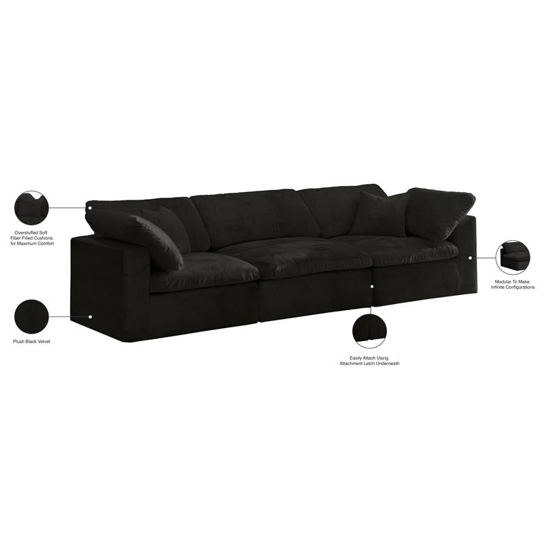 Meridian Furniture Cozy Black Velvet Modular 3 Piece Sofa