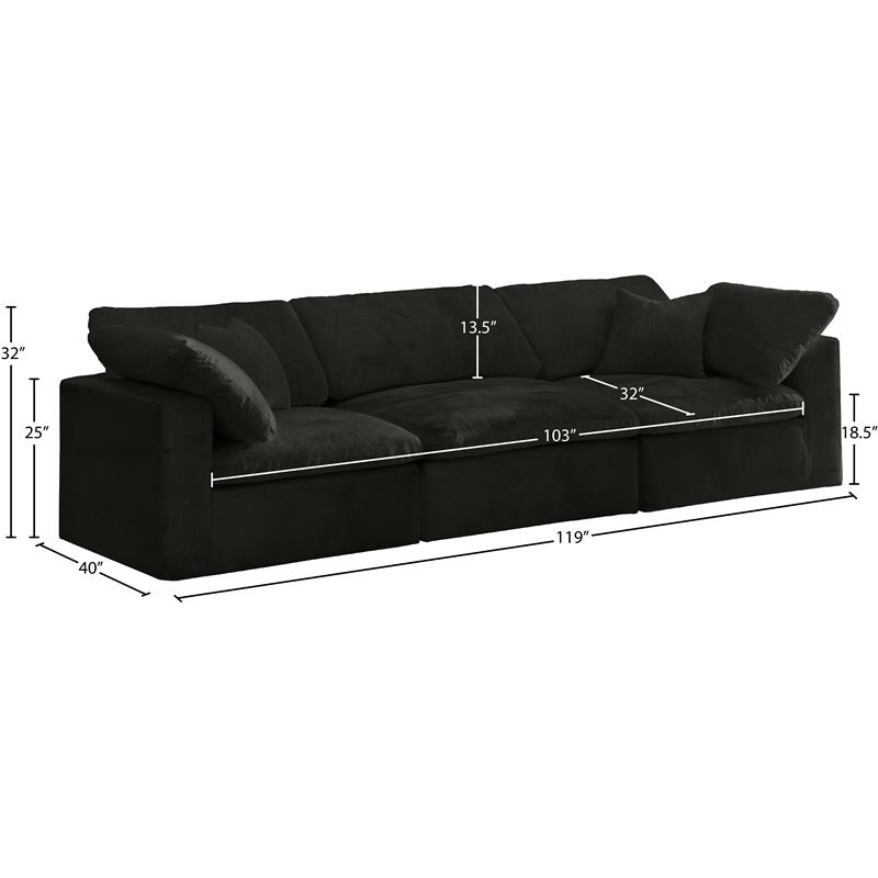 Meridian Furniture Cozy Black Velvet Modular 3 Piece Sofa