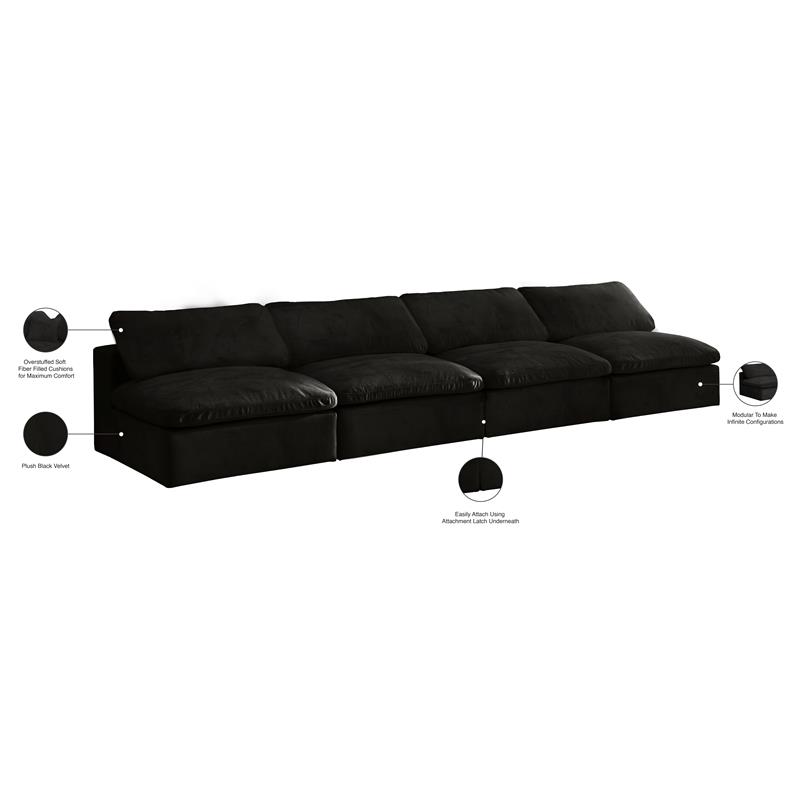 Meridian Furniture Cozy Black Velvet Modular 4 Piece Armless Sofa
